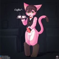 absurd_res anthro balls beverage blush bow_tie claws clothing coffee container cup domestic_cat felid feline felis formal_clothing genitals hi_res hot_beverage male mammal paws penis senz solo standing suit tail text tray waiter