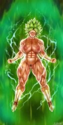 amazonian angry_expression anime big_breasts blush buff_female dragon_ball dragon_ball_super fanart green_hair jojobanks kale lightning muscle_girl muscles muscular_female muscular_thighs nude_female pubic_hair public scars teeth_clenched thick_thighs veins white_eyes