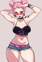 2d armpits belly black_lipstick buns chocker cowboy_shot earrings fortnite glasses haze_(fortnite) iogrunt lipstick looking_over_eyewear looking_over_sunglasses midriff navel pink_hair red_eyes shorts sunglasses surf_witch_(fortnite) tank_top tattoo tinted_eyewear