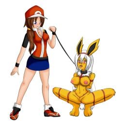 animal_humanoid anthro bondage breasts camel_toe clothed clothed_female clothing collar duo eeveelution female female/female female_on_human fur fur_thick_thighs furry generation_1_pokemon hi_res human human_on_anthro interspecies jolteon leash mammal nintendo nipples pet_and_master pokemon pokemon_(species) skimpy thamaire