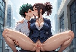 ai_generated arm_around_shoulders breasts brunette_reporter_(my_hero_academia) city izuku_midoriya journalist kissing kissing_while_penetrated lightning486 my_hero_academia news_reporter outside reporter_(my_hero_academia) sex steam suit sweat