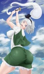 1girls angry ass big_ass big_breasts big_butt blue_eyes cloud female ghost hairband holding_weapon huge_ass huge_butt katana looking_back mictlantot short_hair sky solo solo_female solo_focus sword thick thick_ass touhou white_hair youmu_konpaku