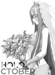 1girls bare_hips black_and_white bouquet closed_eyes closed_eyes convenient_censoring female flower flowers grayscale holoctober hololive hololive_indonesia kureiji_ollie landacdeus long_hair mostly_nude naked nude smile smiling solo virtual_youtuber vtuber wedding_veil zombie zombie_girl