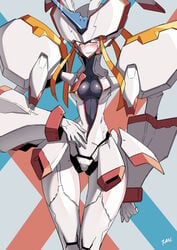 10s 1girls areola areola_slip blush breasts center_opening closed_mouth commentary_request darling_in_the_franxx embarrassed fan_(f.w.zholic) flustered humanization looking_at_viewer mecha medium_breasts navel orange_eyes robot robot_girl signature solo standing strelizia tearing_up tears wavy_mouth