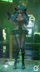 3d big_breasts blue_hair dress female female_only gwen_(league_of_legends) hand_on_breast league_of_legends looking_at_viewer otaviox6 riot_games small_dress smiling smiling_at_viewer solo_female solo_focus standing v_sign