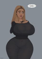 after_digestion black_dress blush breasts brown_eyes curvy dark-skinned_female ergos huge_breasts large_breasts navel see-through see-through_clothing see-through_dress simple_background sweat text thick_thighs tight_clothing wide_hips