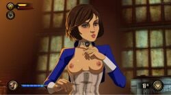 arm_on_chest bioshock bioshock_infinite blue_vest bowl_cut breastless_clothes breastless_clothing breasts breasts_out brown_hair brown_hair_female brunette_hair corset cum_on_belly cum_on_body cum_on_corset elizabeth_comstock medium_breasts necklace pout pouting pouty pouty_lips seductive seductive_eyes seductive_look short_hair tan_skin tan_skinned_female topless_dress vest window zone