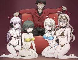 4girls 4girls1boy 7-cs age_difference akamatsu_kaede anonymous_male bare_legs barefoot bikini blonde_hair brown_hair chair collar danganronpa danganronpa:_trigger_happy_havoc danganronpa_s:_ultimate_summer_camp danganronpa_ultra_despair_girls danganronpa_v3 empty_eyes evil_smile eyeless_male gon_(congchuabuoito) happy_sub harem heart-shaped_pupils highres imminent_rape implied_mind_control iruma_miu kidnapped kirigiri_kyouko large_breasts lavender_hair leash leash_and_collar looking_at_viewer medium_breasts naegi_komaru official_alternate_costume older_man_and_teenage_girl red_highlight schoolgirls sex_slave symbol-shaped_pupils trenchcoat