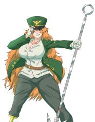 1girls big_breasts breasts cleavage clothed clothing female female_only freckles freckles_on_breasts gloves grin harpoon hat headwear holding_object holding_weapon ishmael_(limbus_company) jacket large_breasts limbus_company long_hair looking_at_viewer oldowan orange_hair pegleg project_moon shirt smile very_long_hair weapon yellow_eyes