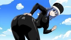 ass bending_over big_ass big_breasts big_butt black_bodysuit blue_eyes blue_hair busty curvy dat_ass edit fairy_tail hat jiggle_butt_gang juvia_lockser latex latex_bodysuit looking_at_viewer skintight smile spandex thick_ass thick_thighs voluptuous wavy_hair