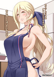 1girls apron big_breasts blonde_hair blush breasts cleavage darkmaya female french_flag kantai_collection large_breasts looking_at_viewer naked_apron richelieu_(kantai_collection) sideboob solo text translation_request