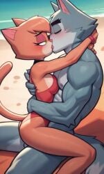 1boy 1boy1girl 1girls ai_generated beach bikini catgirl cheating cheating_wife delia_(ajmarekart) hi_res kissing male/female murphy_and_mitzi oc romantic_couple swimsuit tagme werewolf