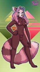 absurd_res ailurid animal_genitalia anthro balls breasts claws fluffy fluffy_ears fluffy_tail genitals gradient_background hair herm hi_res highlights_(coloring) intersex jannet_cornwall mammal nameless_character nipples not_a_lil_pesto nude paws pink_hair pink_nipples purple_eyes red_panda sheath simple_background small_breasts solo standing sticker tail