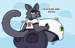 anthro bad_anatomy big_breasts feline female female_focus female_only grayce_newhire_(mattthetooncat) huge_breasts looking_at_viewer looking_back mattthetooncat soda soda_can tagme thick_hips thick_thighs underboob