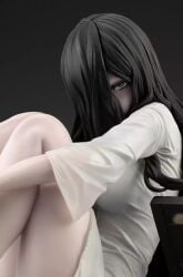 1girls black_eyes black_hair figure hair_over_one_eye large_breasts pale-skinned_female pale_skin sadako_yamamura seductive_gaze sitting solo tagme