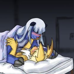 anthro bed bedding blanket blush breasts claws duo eeveelution female female/female furniture generation_1_pokemon generation_5_pokemon hair hi_res holding_cheek jolteon nat-cha nintendo nipples_on_partner pokemon pokemon_(species) romantic romantic_ambiance samurott