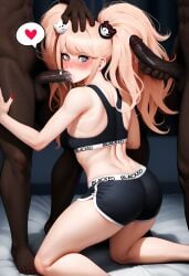 2boys1girl ai_generated blacked_clothing cock_worship cum cum_in_mouth danganronpa danganronpa:_trigger_happy_havoc dark-skinned_male interracial junko_enoshima kneeling light-skinned_female looking_at_viewer sportswear