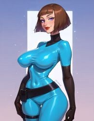 1girls ai_generated big_breasts bodysuit breasts danny_phantom female female_only fr34ky huge_breasts large_breasts madeline_fenton mature_female milf nipple_bulge sagging_breasts short_hair skintight_bodysuit solo solo_female