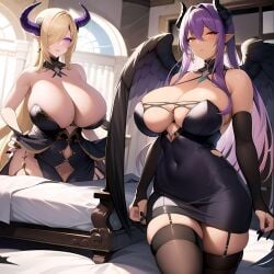 2girls ai_generated barely_contained big_breasts black_clothing black_wings blonde_female blonde_hair blonde_hair_female blush breast_bigger_than_head brown_body clothed curvaceous curves curvy curvy_body curvy_female curvy_figure curvy_hips dark-skinned_female dark_skin demon demon_girl demon_horns demon_wings dominant_female dress dress_lift elbow_gloves female female_focus female_only frown frowning hi_res high_resolution highres horns huge_breasts hyper_breasts large_breasts lifting_clothing lingerie long_hair looking_at_viewer neutral_expression orange_eyes pale-skinned_female pale_skin purple_eyes purple_hair skin_tight smile smiling smiling_at_viewer stockings succubus succubus_horns succubus_wings tan_body thee_voiid tight_clothing tight_fit wings