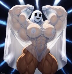 abs ai_assisted ai_generated azazellzai biceps big_muscles breasts covered_nipples dark-skinned_female dark_skin female ghost ghost_girl muscles muscular muscular_female muscular_thighs smile smiling solo thick_thighs tight_clothing