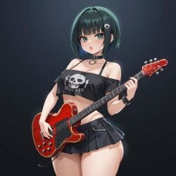 ai_generated green_eyes green_hair guitar miniskirt small_breasts wide_hips