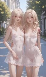 2girls ai_generated bangs blonde_hair covered_nipples dress female identical_twins navel nose_piercing original_character pale_skin petite red_eyes see-through see-through_clothing septum_piercing skinny small_breasts tattoo translucent_clothing twins