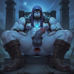 1boy ai_generated anal_gape anus balls bara barazoku beard big_penis blue_body blue_eyes blue_skin boots cemetery gape gaping gaping_anus graveyard half-erect hood league_of_legends leaning_back male male_only muscle muscles muscular muscular_male necklace nude penis presenting riot_games sitting_down solo stable_diffusion yorick