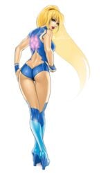 adapted_costume blonde blue_eyes bodysuit dat_ass female metroid nintendo ponytail samus_aran sonia_matas zero_suit zero_suit_samus