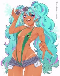 1girls ass big_ass big_thighs bikini brazil brazilian brazilian_female brazilian_miku breasts butt cyan_eyes cyan_hair female female_focus female_only gal gyaru gyaru_gal hatsune_miku latin_american_hatsune_miku_(meme) long_hair looking_at_viewer nagisamatsumae shorts small_breasts solo tagme tan tan_body thick_hips thick_thighs thighs twintails vocaloid