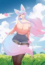 1girls bare_shoulders big_breasts blue_eyes blue_hair blush cleavage female female_only fishnet_pantyhose hi_res huge_breasts jean_shorts long_hair looking_at_viewer luxurias outdoors pantyhose pink_hair shorts silvervale smiling smiling_at_viewer solo sweater tail two_tone_hair virtual_youtuber vshojo wholesome wolf_ears wolf_girl wolf_tail