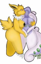 anthro ass big_butt bodily_fluids breasts cum duo eeveelution female female/female fingering finggering generation_1_pokemon generation_6_pokemon genital_fluids goodra holding_breast holding_partner hug jolteon licking neck_lick nintendo nipples pika9000 pokemon pokemon_(species) slime tongue