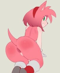 amy_rose anthro anus ass boots clothed clothing eulipotyphlan female footwear genitals gloves green_eyes hair handwear hedgehog hi_res looking_back lurkin mammal mostly_nude multicolored_body open_mouth open_smile pink_body pink_hair pussy sega shoes smile solo sonic_the_hedgehog_(series) two_tone_body