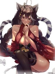 1girl ahoge animal_ears bangs bare_shoulders black_legwear blush bracelet braid breasts brown_eyes brown_hair cleavage dress female glasses hair_between_eyes hair_ornament jewelry large_breasts long_hair looking_at_viewer momotexx_(vtuber) necklace red_dress red_eyes rope signature sitting sleeveless solo strapless striped striped_background tail thighhighs twin_braids very_long_hair virtual_youtuber vtuber vyugen wolf_ears wolf_girl wolf_tail