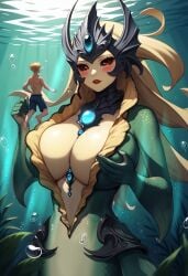 1girls ai_generated blonde_hair breasts couple female fins giantess growth huge_breasts jewelry league_of_legends mermaid mermaid_tail milf nami nami_(league_of_legends) red_eyes siren size_difference underwater