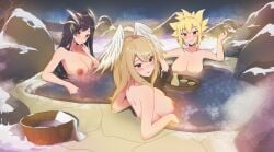 absurdres bahamut_tifa black_hair blonde_hair blush breasts brown_hair choko_(cup) completely_nude crossover cup disgaea eunie_(xenoblade) final_fantasy final_fantasy_vii final_fantasy_vii_ever_crisis finger_to_mouth head_wings highres large_breasts looking_at_viewer maikurorensu makai_senki_disgaea_2 multiple_crossover nude onsen pointy_ears rock rozalin same-sex_bathing shared_bathing snow steam tifa_lockhart wings xenoblade_chronicles_(series) xenoblade_chronicles_3