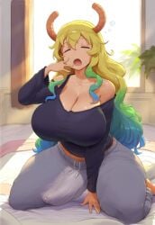 1girls ai_generated bed bedroom blonde_hair breasts curvy female futanari hidden_penis huge_breasts kobayashi-san_chi_no_maidragon lizard_brain lucoa lucoa_(maidragon) massive_breasts massive_penis miss_kobayashi's_dragon_maid morning morning_after morning_wood pajamas precum quetzalcoatl_(dragon_maid) voluptuous_female yawning