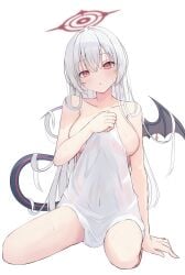 absurdres black_tail blue_archive covering_breasts covering_privates demon_tail demon_wings female gehenna_academy_student gourmet_research_society_(blue_archive) halo haruna_(blue_archive) highres kirin3939 kirin_(kirin1023) long_hair looking_at_viewer naked_towel nude piercing red_eyes red_halo single_wing sitting solo tail towel white_background white_hair wing_piercing wings