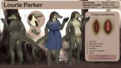 absurd_res alligator alligatorid anatomy animal_genitalia anthro breasts brown_hair cloaca clothing crocodile crocodilian dress female genitals hair hi_res long_hair lourie_parker mature_female model_sheet raf_art reference_image reptile scalie slightly_chubby small_breasts solo