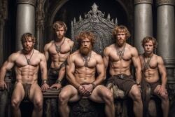 ai_generated bad_anatomy beard beard_stubble brothers ginger_hair loin_cloths male_only men_only necklace throne