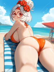 ass beach breasts female flower flower_in_hair glasses looking_at_viewer looking_back nintendo orange_swimsuit purah purah_(tears_of_the_kingdom) sideboob smile solo swimsuit swimwear tears_of_the_kingdom the_legend_of_zelda thick_thighs white_hair yan_kodiac