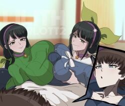 1boy 1boy2girls 2girls age_difference ass big_ass big_breasts big_penis black_hair blue_eyes boobjob breasts brown_hair bulge bulge_through_clothing chabashira_tenko clothed clothing danganronpa danganronpa_v3 danganronpa_v3:_killing_harmony ffm ffm_threesome green_eyes light-skinned_female light_skin lilithcharlott2 milf older_female original_character penis shin_sakamoto threesome trio younger_male