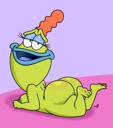 2025 amphibian anthro ass bev_bighead blue_eyeshadow breasts eyeshadow female frog hair half-closed_eyes hi_res looking_at_viewer looking_back lying makeup narrowed_eyes nickelodeon nipples nude on_front open_mouth orange_hair rocko's_modern_life signature solo takeshi1000 tongue