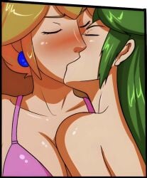 2girls big_breasts bikini bikini_top blonde_hair blush breasts closed_eyes company_connection crossover duo earring earrings female female_focus female_only females females_only girls_kissing green_hair kid_icarus kid_icarus_uprising kiss kiss_on_lips kissing lesbian_kiss lesbians_naked light-skinned_female light_skin long_hair mario_(series) nintendo nude nude_female nudity oo_sebastian_oo palutena passionate_kiss pink_bikini pink_bra princess_peach shiny_body shiny_breasts shiny_hair super_mario_bros. yuri yuri_kiss