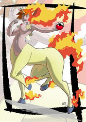 1girls ass big_ass breasts centaur exposed_breasts female_only fire fire_hair game_freak hooves horn horse horse_tail human kasumi_(pokemon) kukuruyo nintendo nude orange_hair poke_ball pokeball pokemon pokemon_rgby pokephilia rapidash red_eyes source_request tail taur text thick_thighs unicorn unicorn_taur watermark white_background white_fur zoom_layer