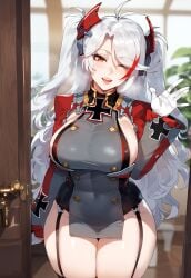 ai_generated azur_lane curvy_figure female greeting miyuai prinz_eugen_(azur_lane) salute white_hair