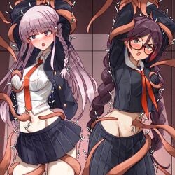 2girls arms_up bakasp-lilzy black_hair black_jacket black_ribbon black_skirt blush bound bound_arms braid collared_shirt cowboy_shot danganronpa danganronpa:_trigger_happy_havoc danganronpa_(series) frown fukawa_toko fukawa_touko glasses grey_hair groin hair_ribbon highres jacket kirigiri_kyoko kirigiri_kyouko long_hair long_sleeves miniskirt multiple_girls navel necktie open_clothes open_jacket orange_necktie pleated_skirt rape restrained ribbon round_eyewear shirt side_braid skirt tentacle tentacle_sex tickling twin_braids twintails white_shirt