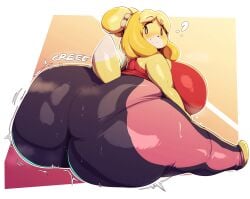 absurd_res animal_crossing anthro ass big_butt biped blonde_hair breasts canid canine canis clothed clothing domestic_dog female hair hi_res huge_butt isabelle_(animal_crossing) looking_back mammal nintendo repost reupload reuploaded shih_tzu solo thick_thighs toy_dog trinity-fate62