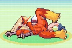 accurate_art_style animal_humanoid animated anthro blaziken brendan_(pokemon) duo female fur fur_thick_thighs furry generation_3_pokemon human interspecies male male/female mammal mx_ragam nintendo pixel_animation pixel_art pokemon pokemon_(species) pokephilia