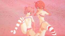 1boy 2girls bra_lift cat_ears doki_doki_literature_club ecxreaper female female_focus fingering legs_apart legs_spread male multiple_girls natsuki_(doki_doki_literature_club) nekomimi on_back on_bed panties_aside penis pov sayori_(doki_doki_literature_club) sex tits_out