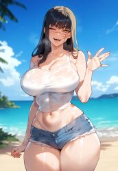 ai_generated beach big_ass big_breasts black_hair chainsaw_man curvy_female greeting jean_shorts looking_at_viewer mitaka_asa miyuai outdoor scar scar_on_face see-through see-through_shirt short_shorts shorts tight_clothing tight_shirt yoru_(chainsaw_man)